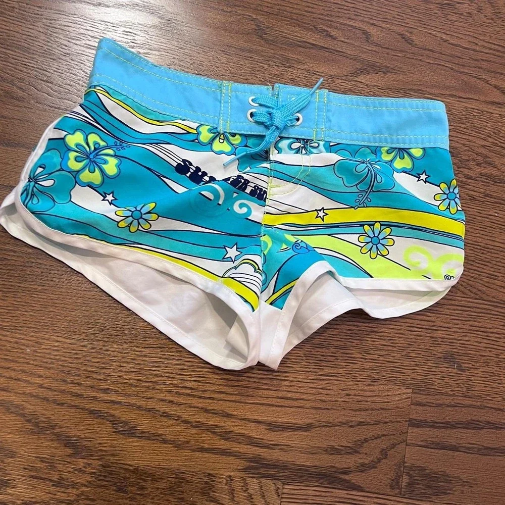 y2k KIDS girls ocean pacific blue & green hibiscus print board swim shorts small